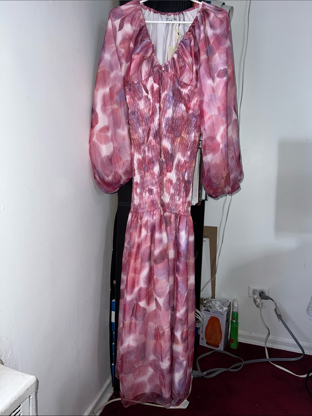 Smocked Pink Print Maxi Dress with Sheer Long Sleeves